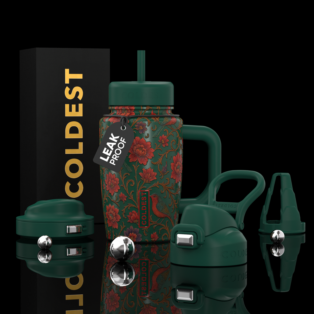 COLDEST 15oz Limitless Ultra insulated tumbler with dark green floral pattern, handle, straw and interchangeable lids