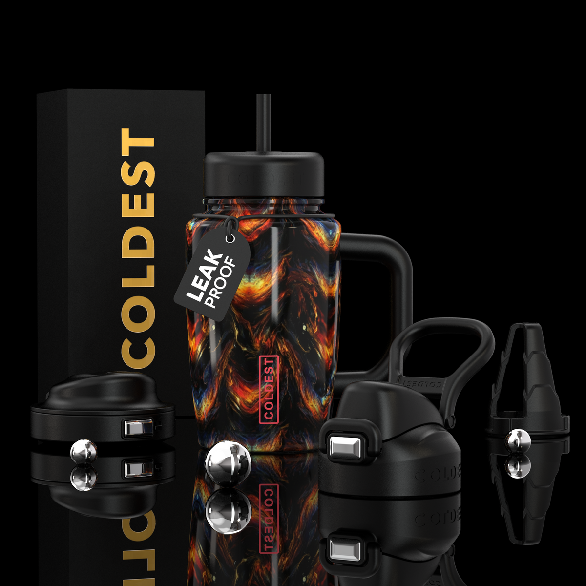 COLDEST 15oz Limitless Ultra insulated tumbler with a black handle, straw, fiery orange and black pattern, and interchangeable lids