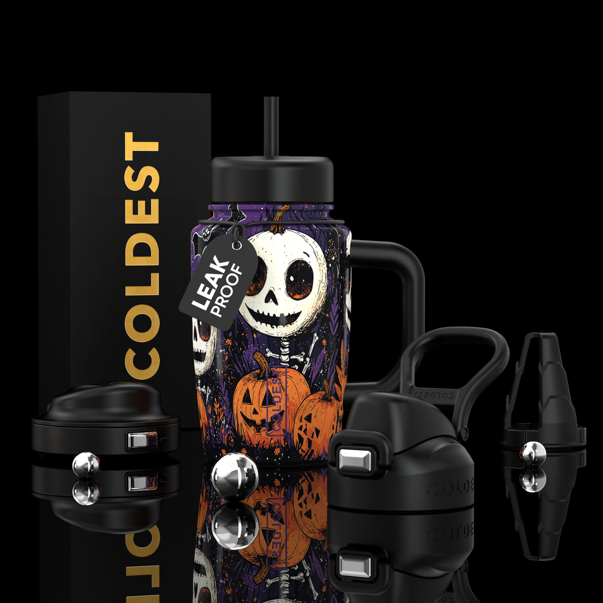 COLDEST 15oz Limitless Ultra tumbler with black lid and handle, purple Halloween graphics, tags, and black accessories