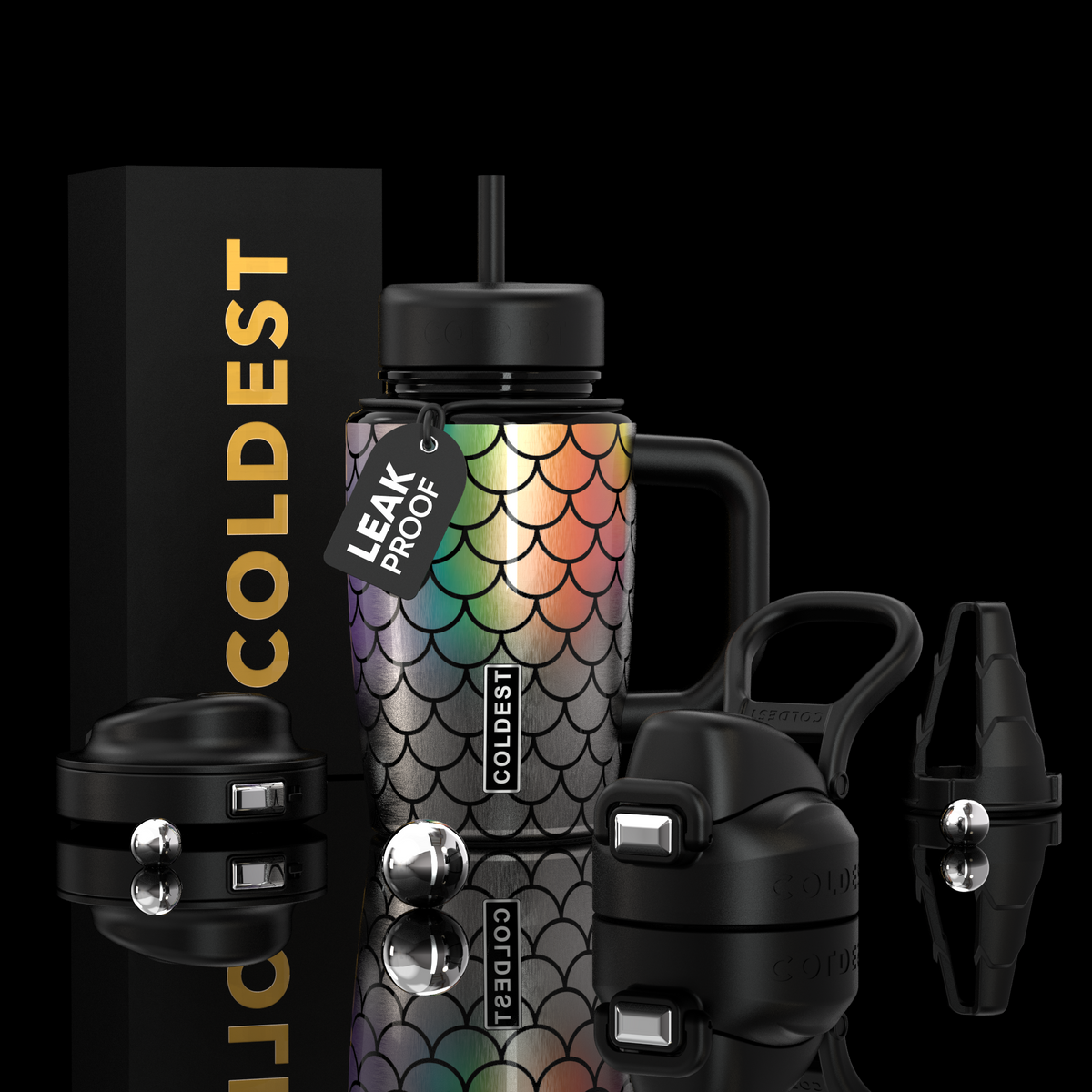 COLDEST 15oz Limitless Ultra tumbler in iridescent multicolor scale print with black lid, straw and interchangeable handles