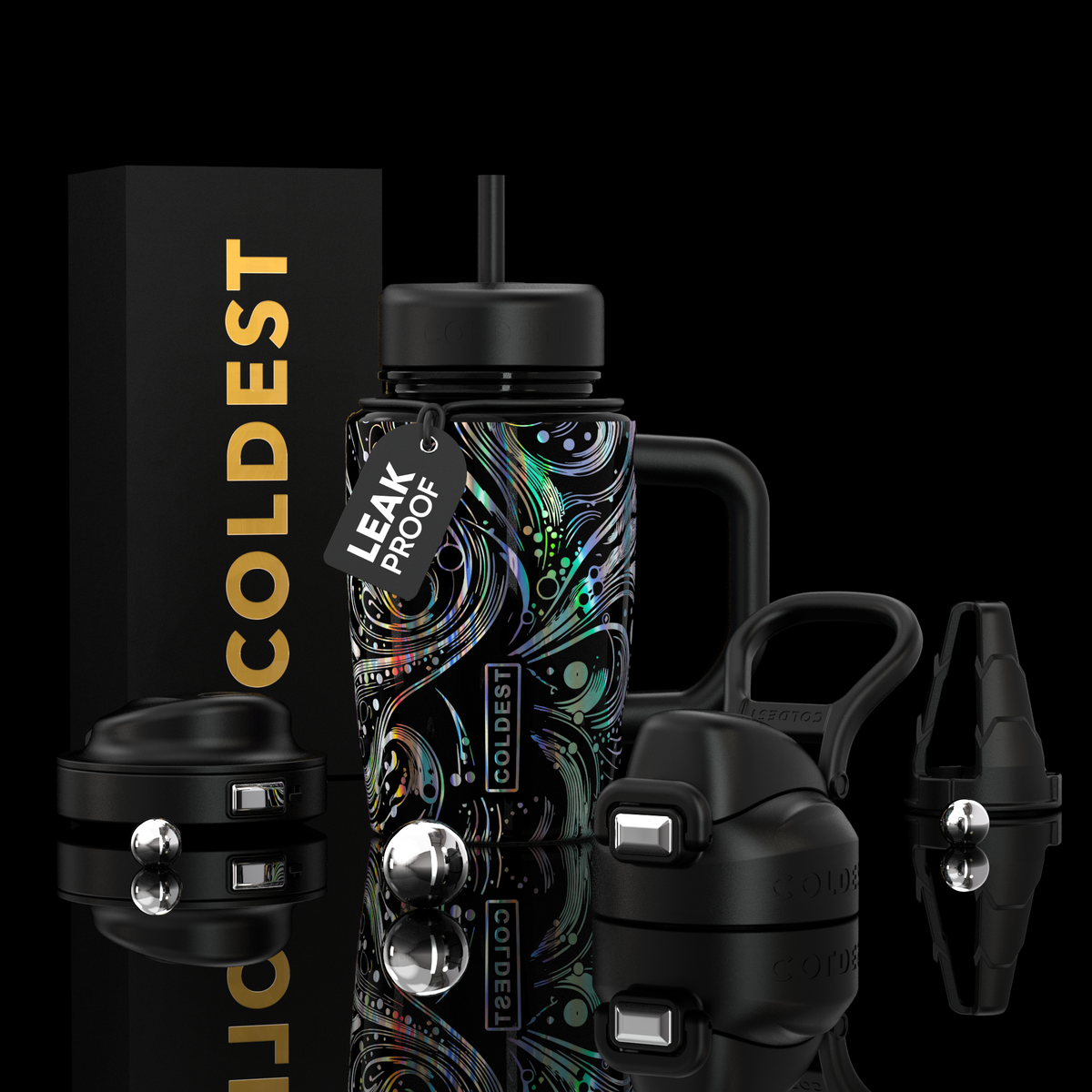 COLDEST 15oz Limitless Ultra insulated tumbler with a black handle, straw lid, colorful abstract swirl pattern, and leak-proof tag