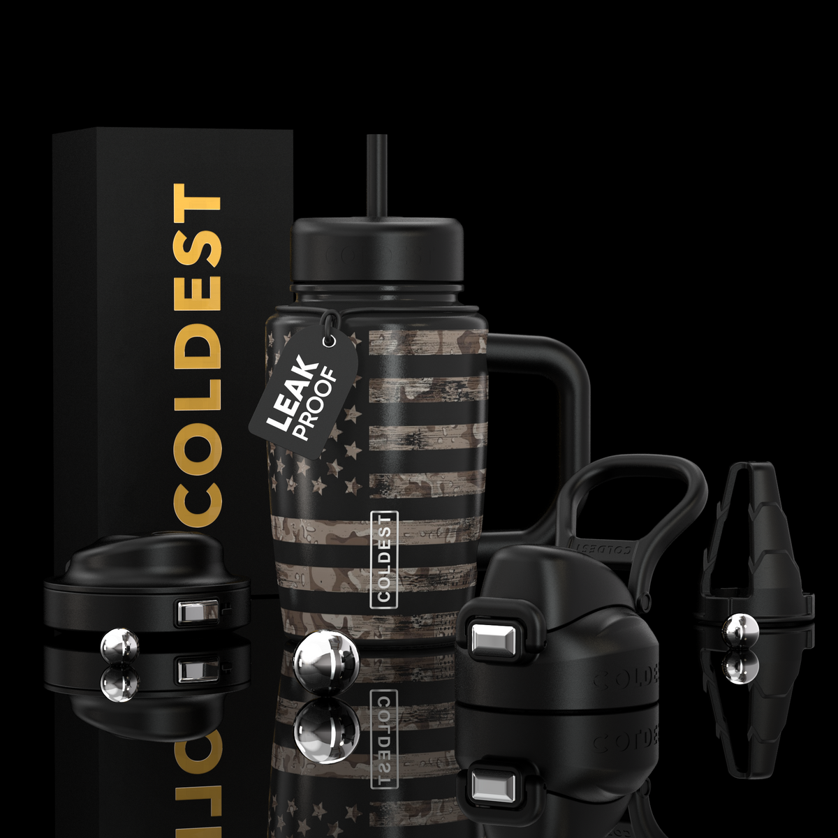 COLDEST 15oz Limitless Ultra black insulated tumbler with straw, handle, distressed American flag pattern and interchangeable lids
