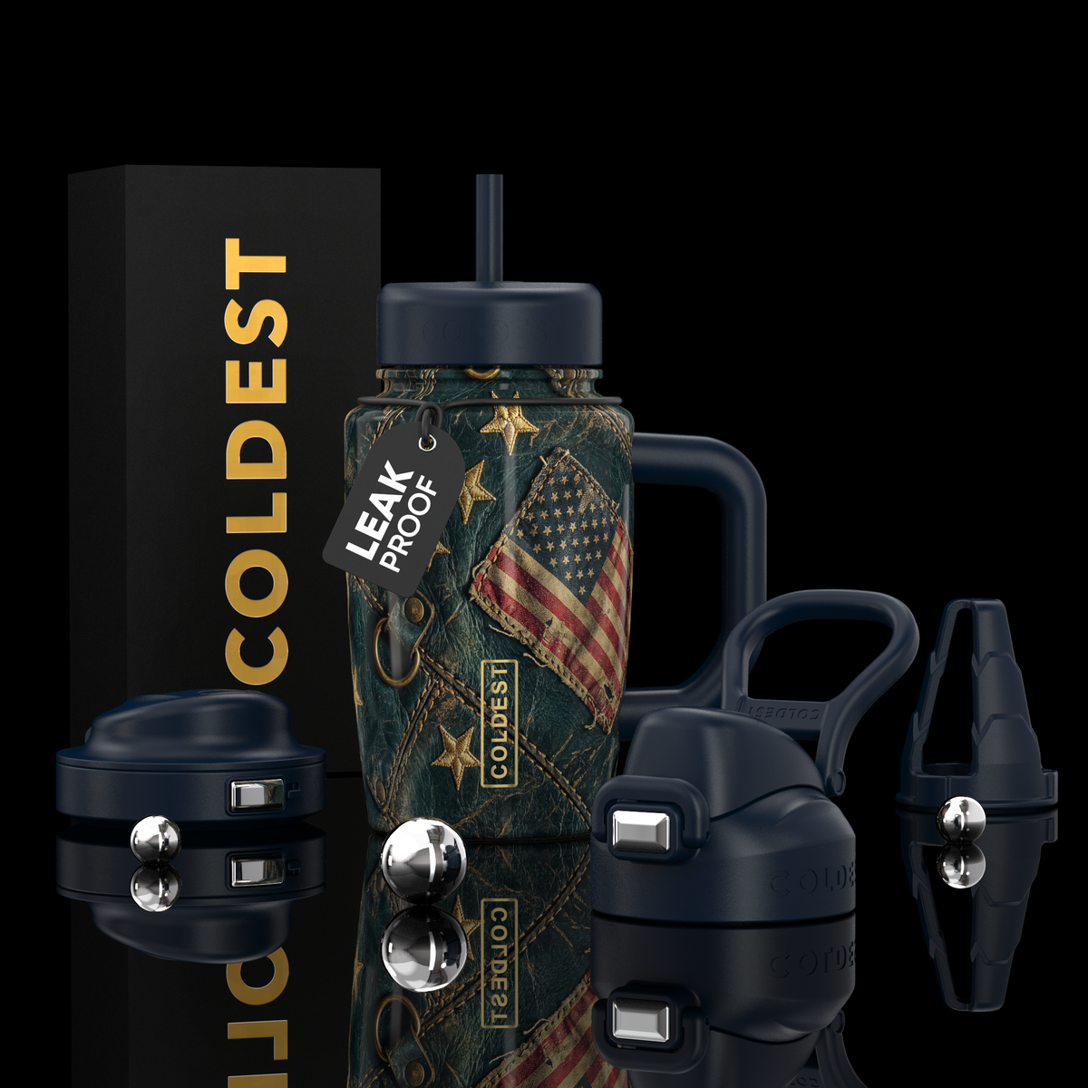 COLDEST 15oz Limitless Ultra insulated tumbler with dark American flag print, black handle, straw and interchangeable lids