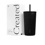 16oz Cold Cup in matte black stainless steel with matching lid and straight straw, shown beside branded box