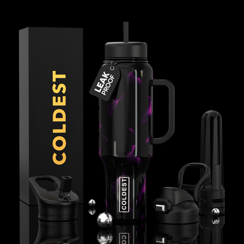 Coldest Water Bottle 46oz Limitless Ultra v8 keeping drinks cold for 36+ hours with three lids and leak-proof design