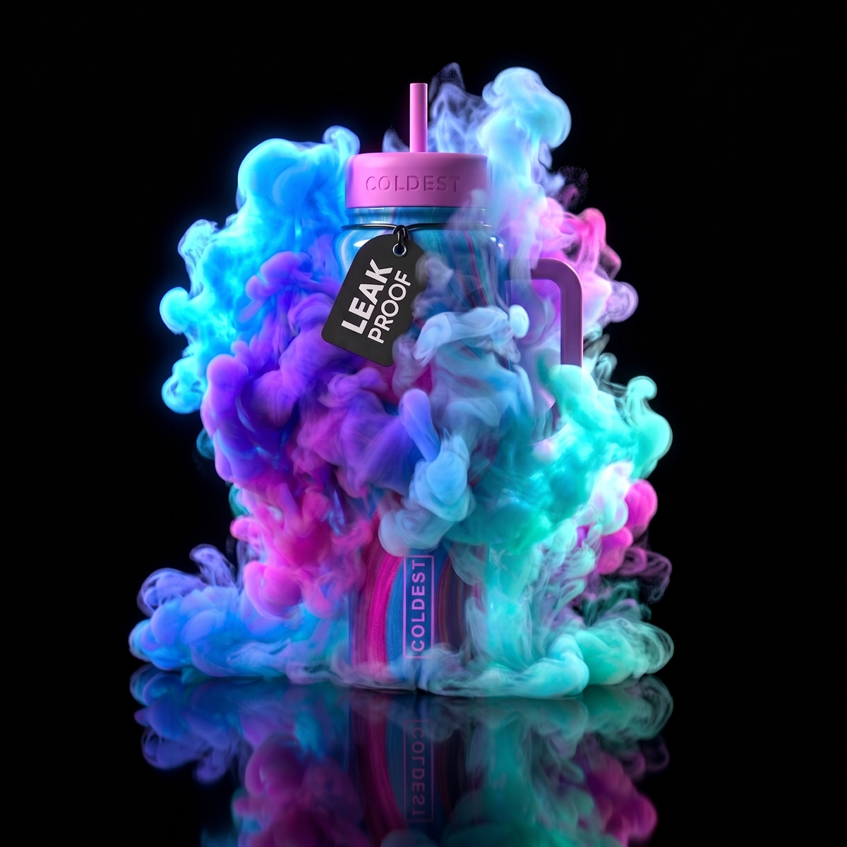 COLDEST 15oz Limitless Ultra tumbler with a pink lid, matching straw, colorful blue, purple and teal cloud pattern, and leak-proof tag