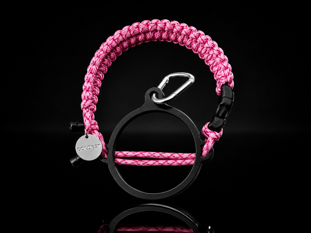 Coldest paracord handle in Crossin' Pink for wide-mouth water bottles