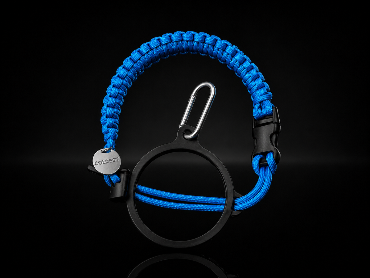Coldest paracord handle in Indigo Blue for wide-mouth water bottles
