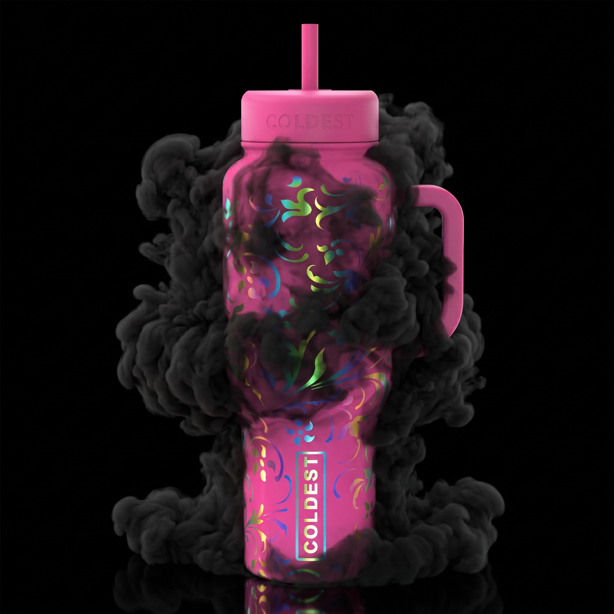 COLDEST 15oz Limitless Ultra tumbler in bright pink with a colorful floral pattern, matching handle, lid and straw