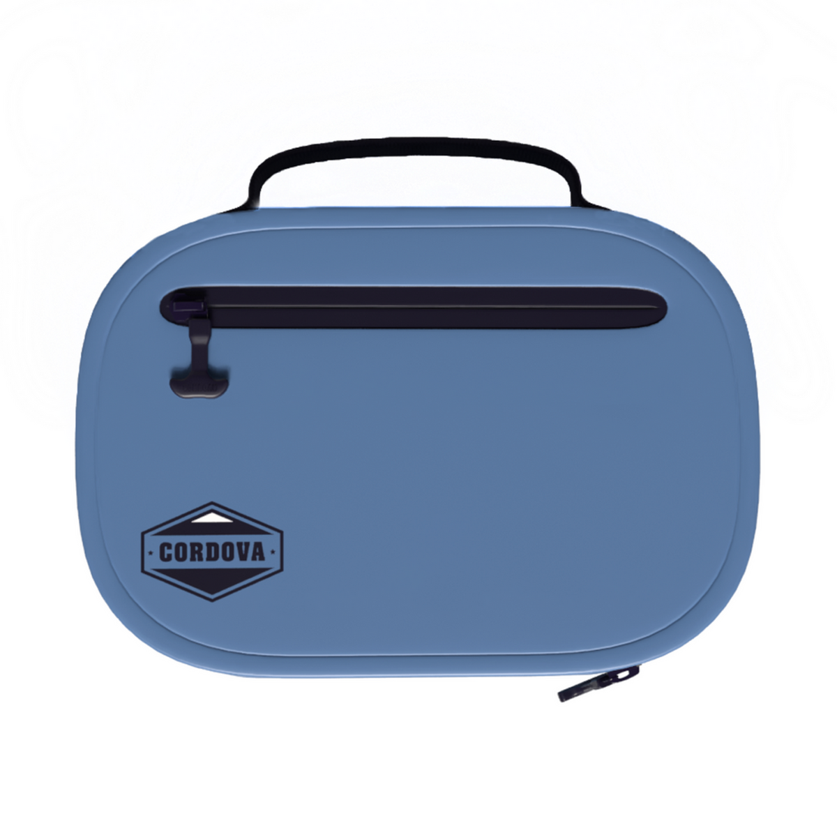 BACKCOUNTRY CLASS™ COOLER LUNCH BAG in blue, with a black top handle, front zipper pocket and Cordova logo