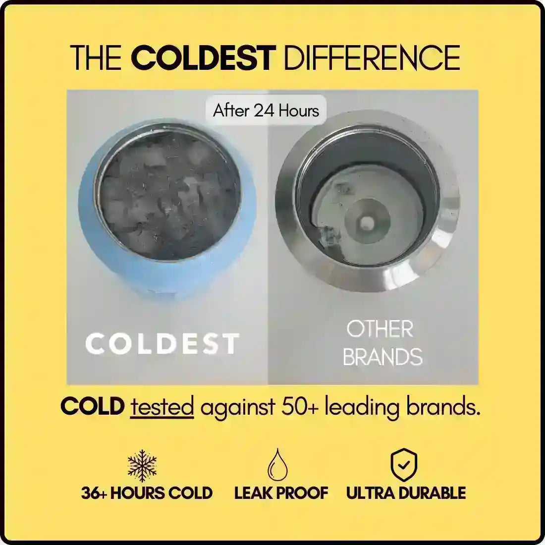 COLDEST 15oz Limitless Ultra advertised with a comparison showing ice retention after 24 hours, leak-proof design and durability