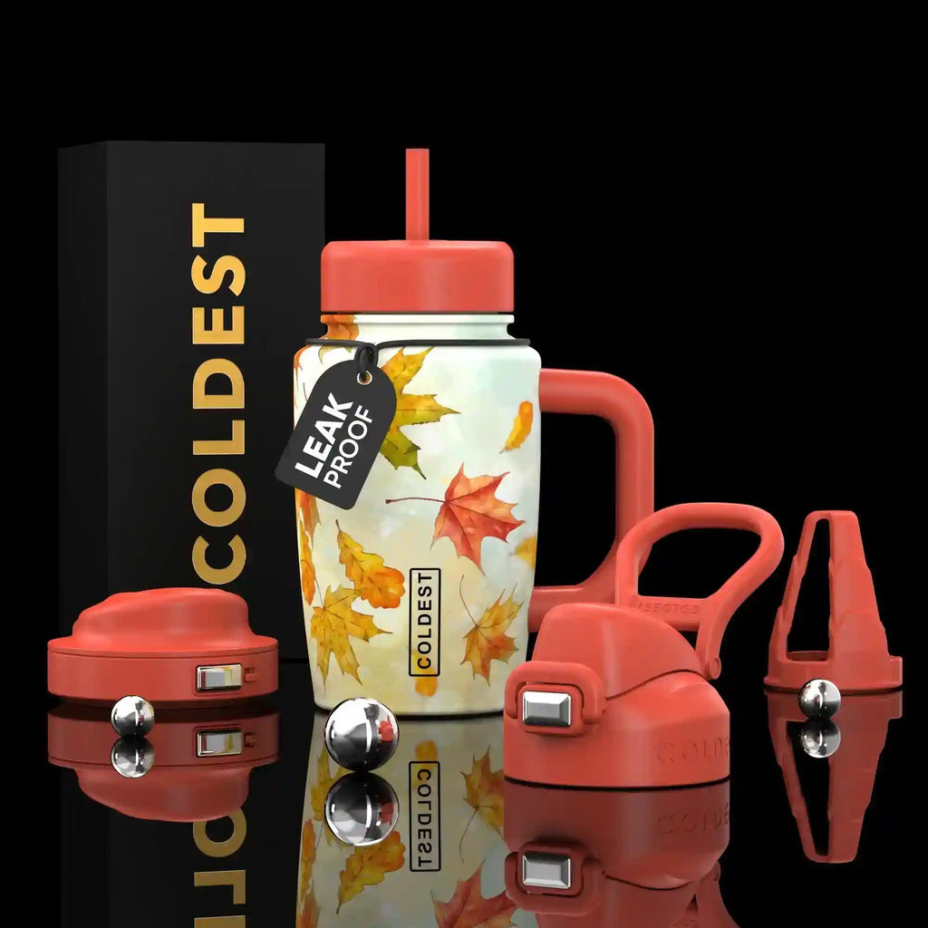COLDEST 15oz Limitless Ultra insulated tumbler with autumn leaf print, coral lid, straw, handle and accessories