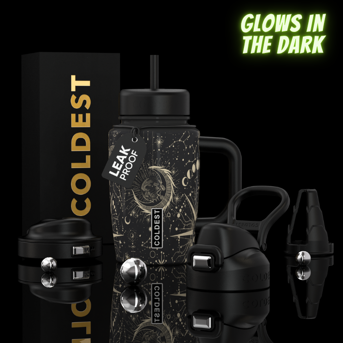 COLDEST 15oz Limitless Ultra black insulated bottle with beige celestial line art, straw lid, side handle and leak-proof tag