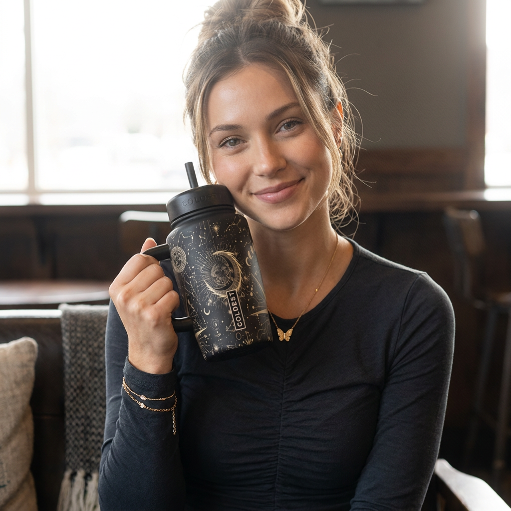 COLDEST 15oz Limitless Ultra tumbler in matte black with gold celestial star and moon graphics, handle and straw lid