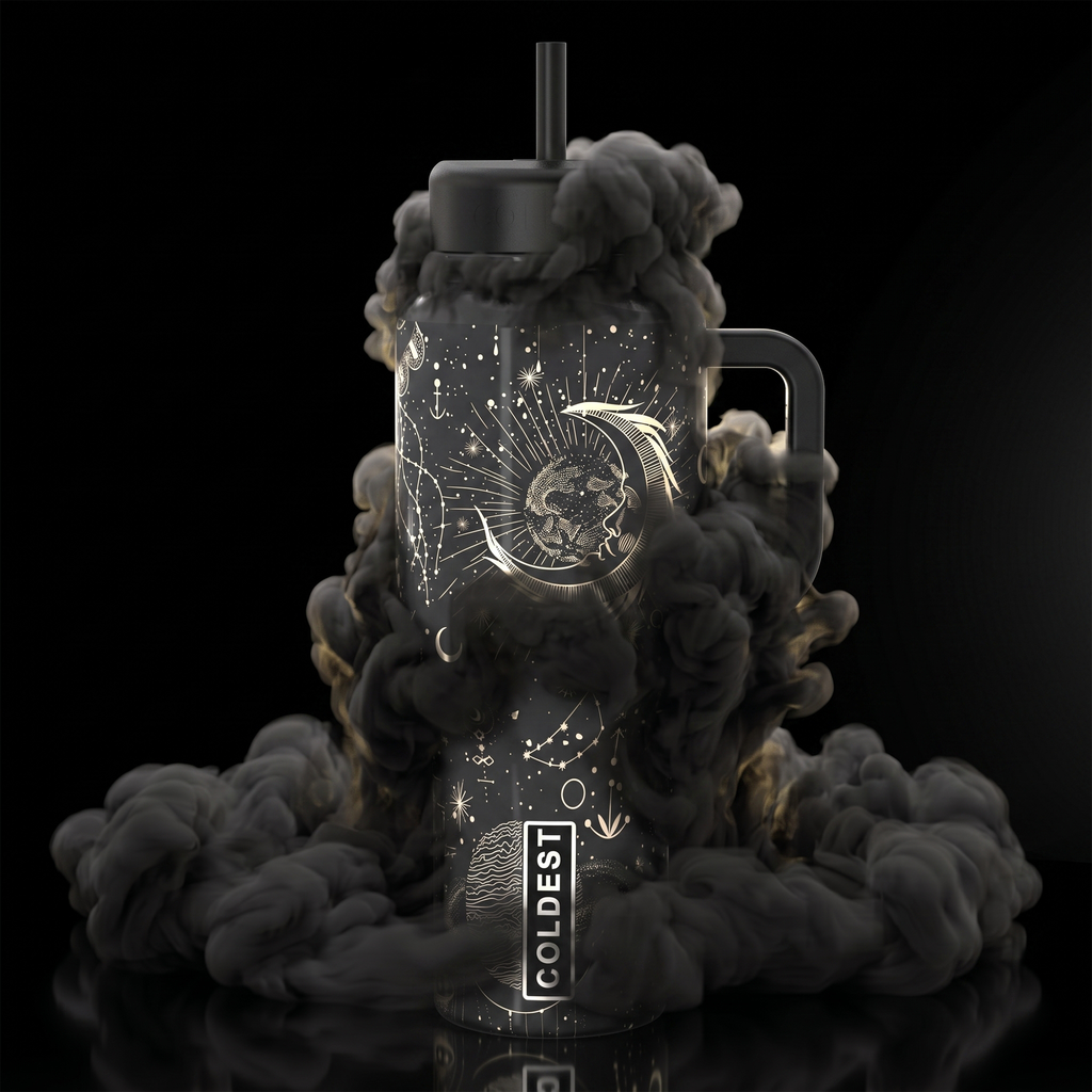 COLDEST 15oz Limitless Ultra black insulated tumbler with handle, straw, and ornate celestial moon and star artwork