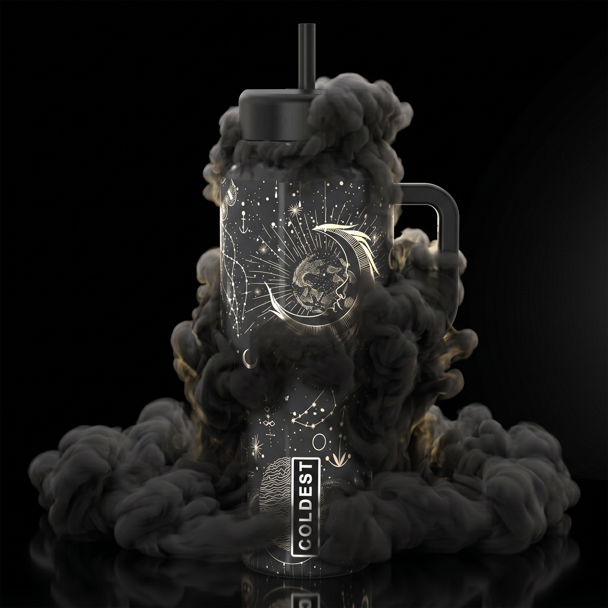 COLDEST 15oz Limitless Ultra black insulated tumbler with handle, straw, and ornate celestial moon and star artwork