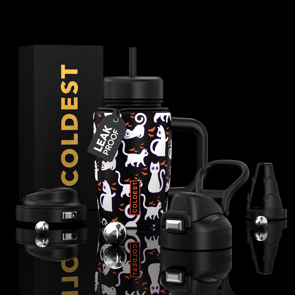 COLDEST 15oz Limitless Ultra black tumbler with white and orange ghost pattern, handle, straw, and interchangeable lids