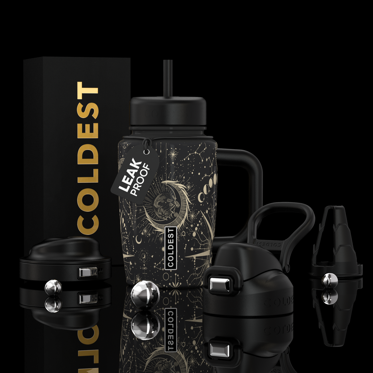 COLDEST 15oz Limitless Ultra bottle in black with gold celestial illustrations, a handle, straw lid and interchangeable tops