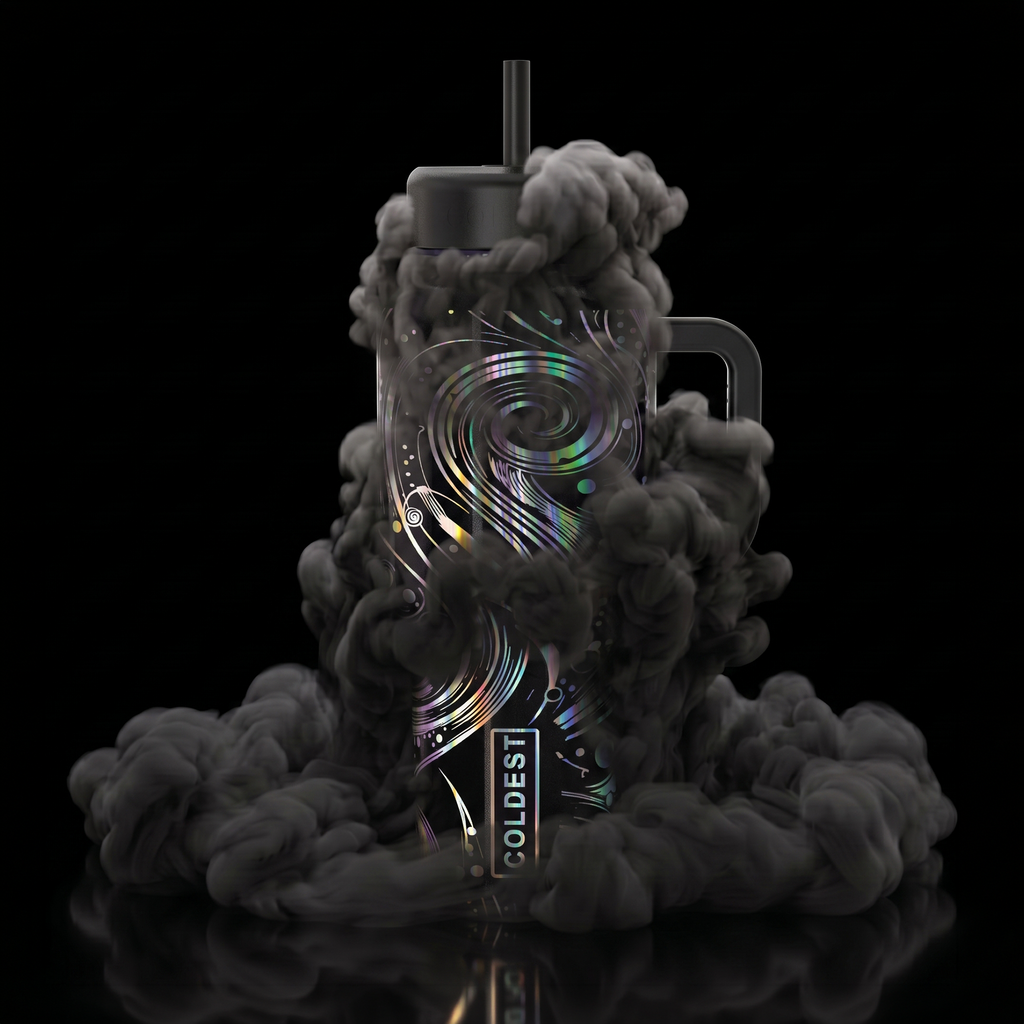 COLDEST 15oz Limitless Ultra tumbler in glossy black with holographic swirl graphics, straw, handle and smoky sculpted design.