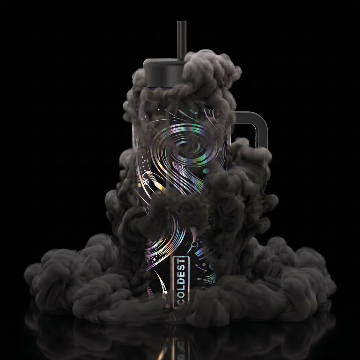 COLDEST 15oz Limitless Ultra tumbler in glossy black with holographic swirl graphics, straw, handle and smoky sculpted design.