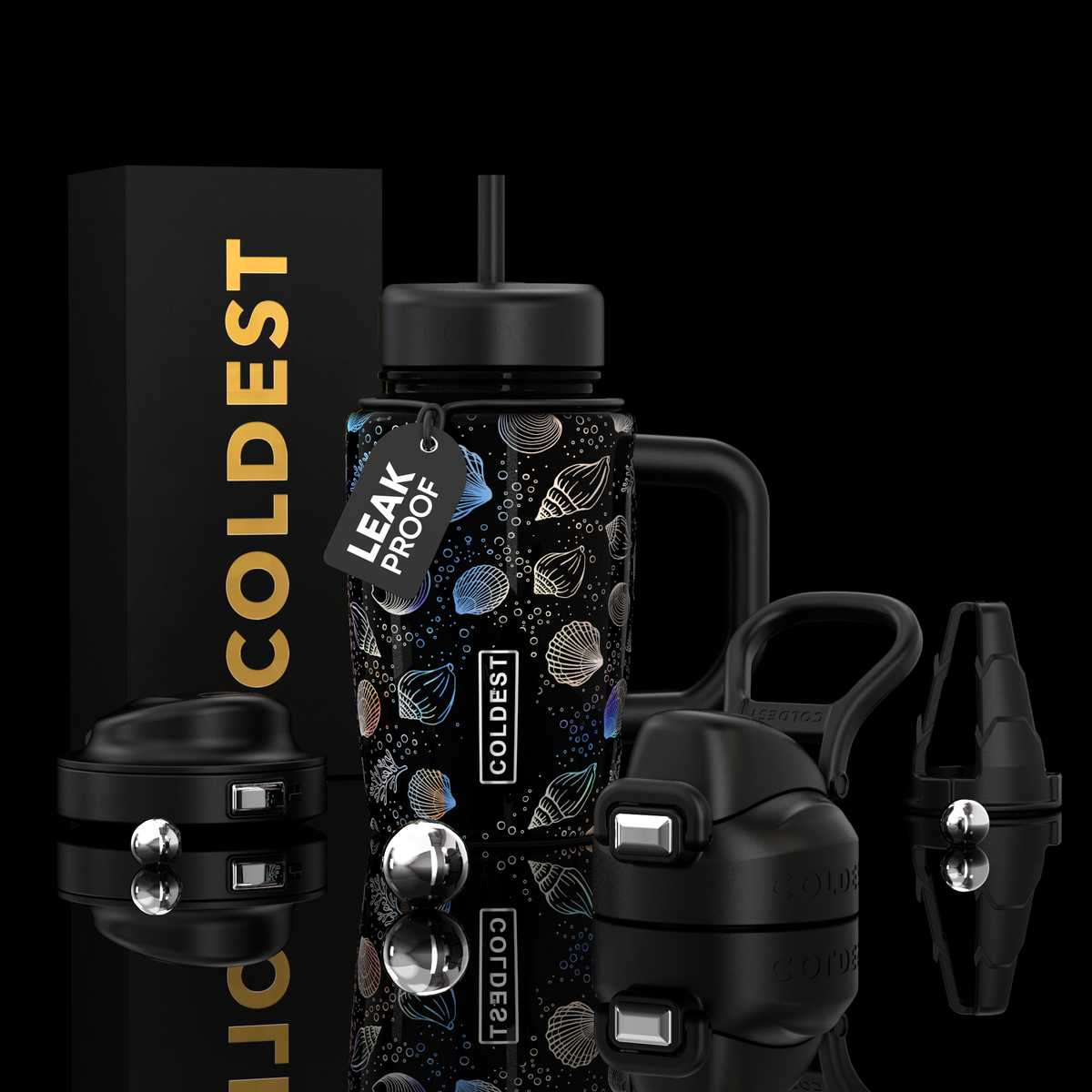 COLDEST 15oz Limitless Ultra insulated black cup with straw, handle, white sea creature pattern, and leak-proof tag