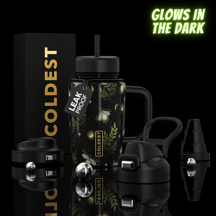 COLDEST 15oz Limitless Ultra black handled tumbler with leafy glow-in-the-dark print, straw lid and leak-proof tag