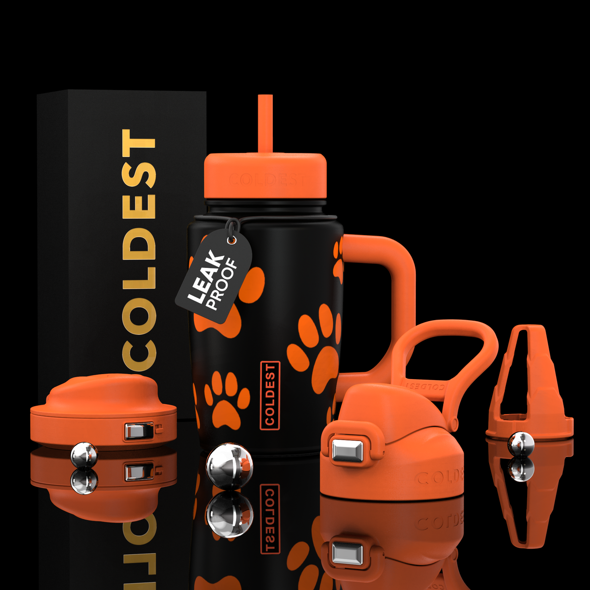COLDEST 15oz Limitless Ultra black insulated tumbler with orange lid, handle, paw-print graphics and leak-proof tag