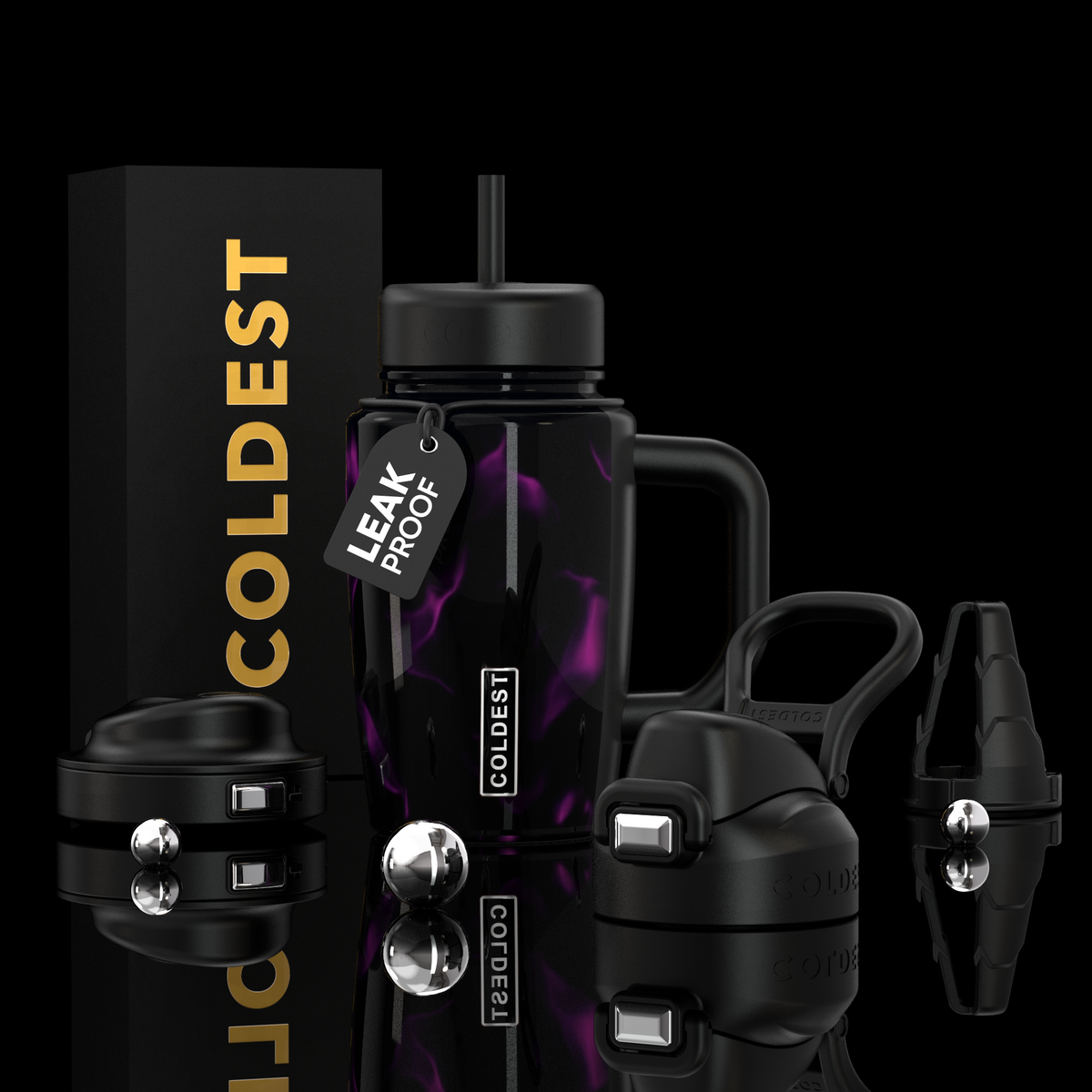 COLDEST 15oz Limitless Ultra insulated tumbler with black and purple marbled finish, straw lid, handle, and interchangeable lids
