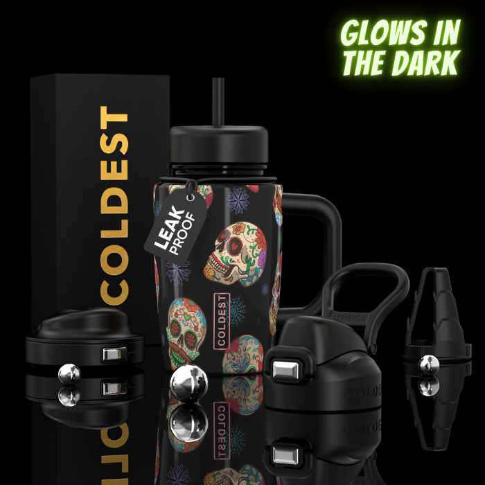 COLDEST 15oz Limitless Ultra black insulated tumbler with colorful sugar skull pattern, straw lid and interchangeable tops