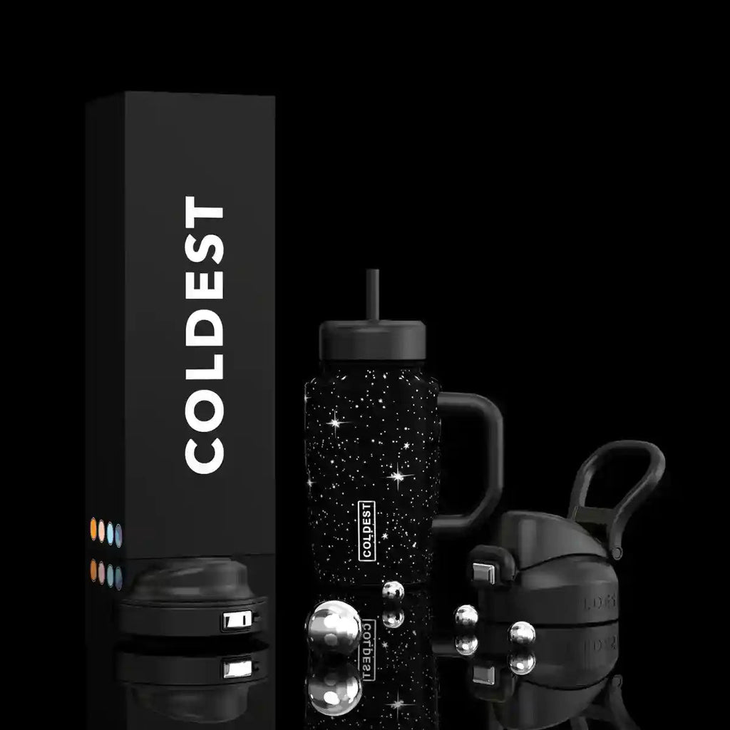 COLDEST 15oz Limitless Ultra black 15-ounce tumbler with straw, handle and sparkling star pattern