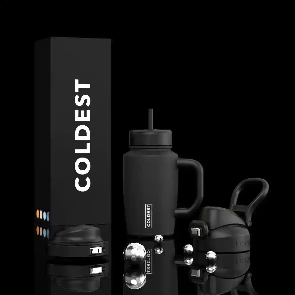 COLDEST 15oz Limitless Ultra black insulated tumbler with a handle, straw lid, and matching accessories