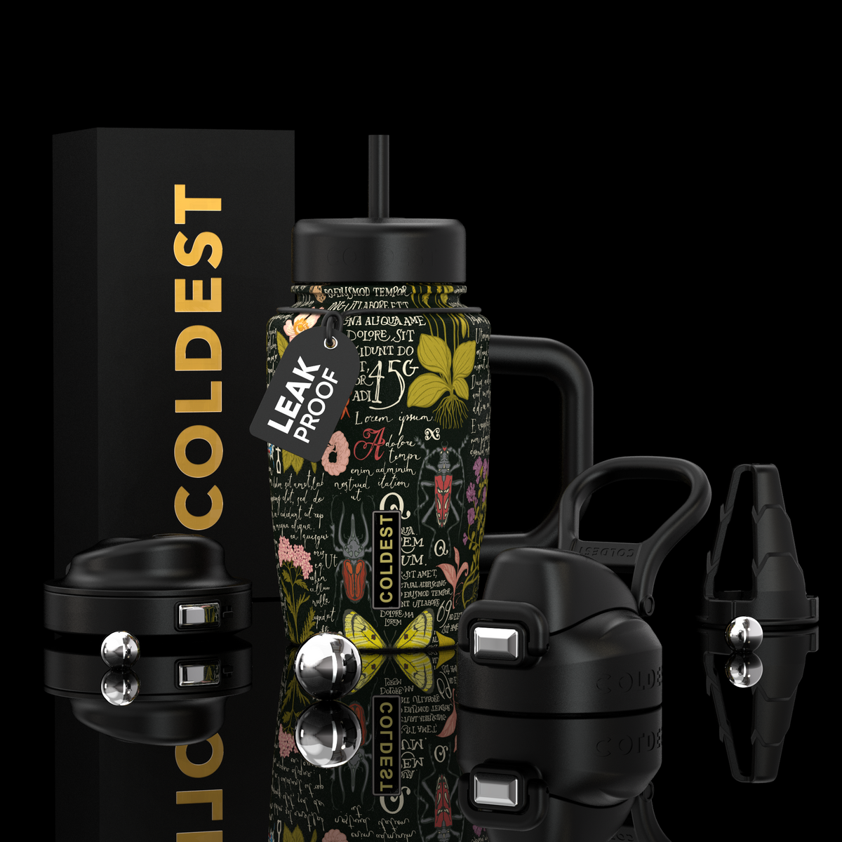 COLDEST 15oz Limitless Ultra black insulated tumbler with handle, straw, colorful botanical graphics, and leakproof lids