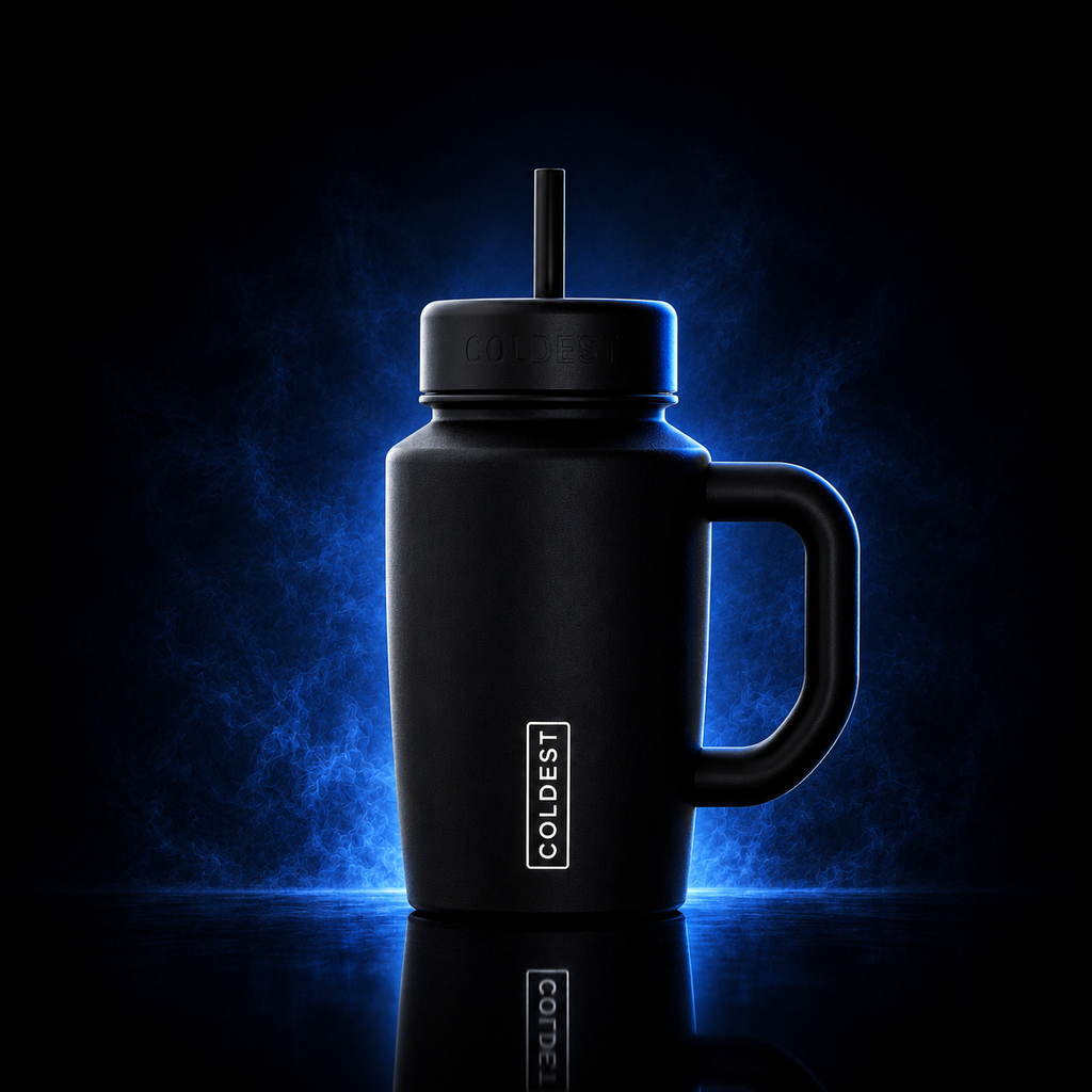 COLDEST 15oz Limitless Ultra black insulated tumbler with a matching lid, slim straw, side handle, and vertical logo