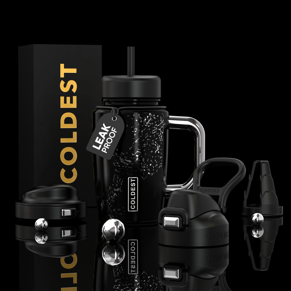 COLDEST 15oz Limitless Ultra black insulated tumbler with straw, handle, leak-proof tag and interchangeable lids