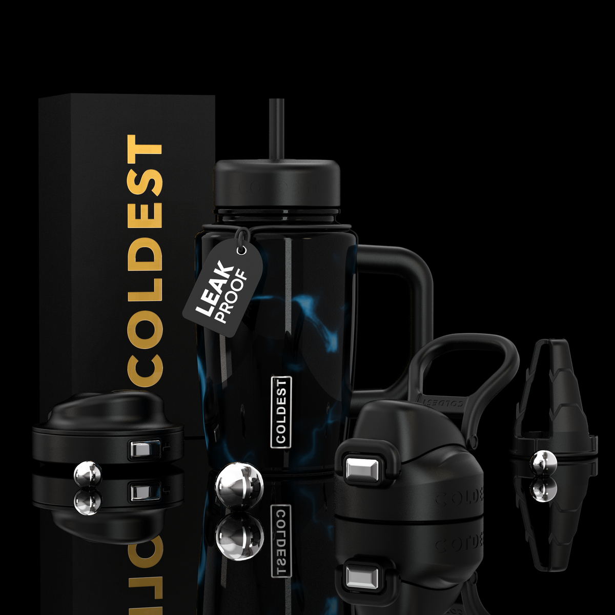COLDEST 15oz Limitless Ultra black insulated tumbler with straw, side handle, leak-proof tag and interchangeable lids