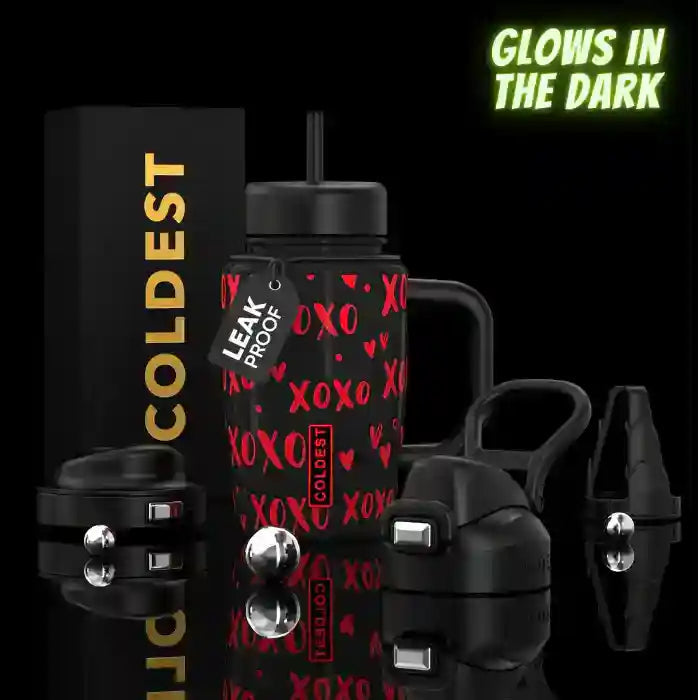 COLDEST 15oz Limitless Ultra black tumbler with red XOXO hearts, leak-proof lid, straw and handle