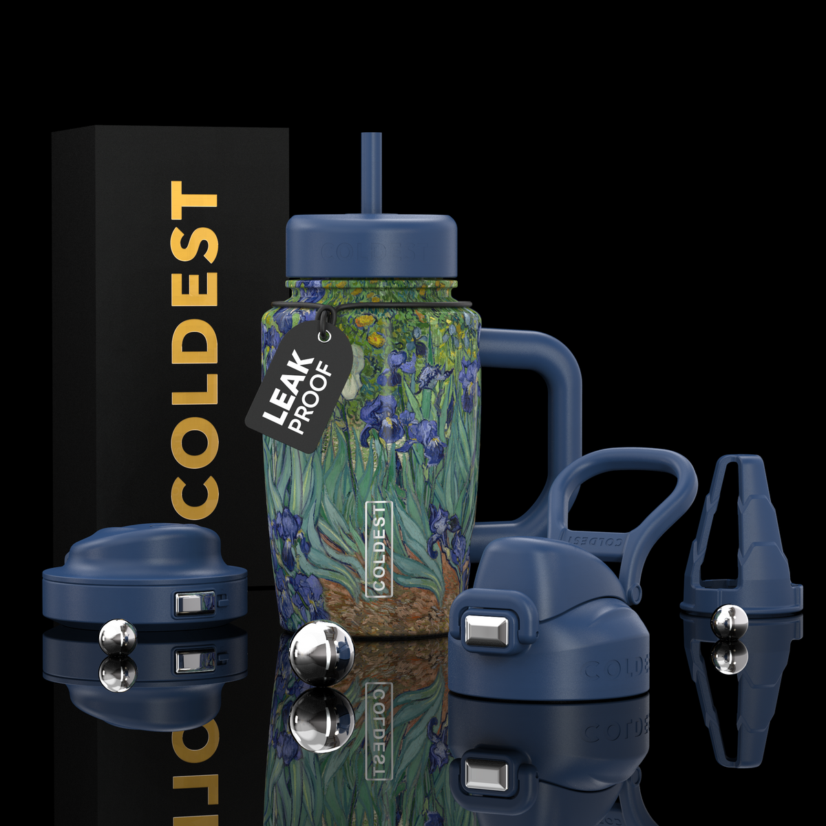 COLDEST 15oz Limitless Ultra tumbler with a blue lid, handle, straw and colorful botanical pattern, shown with accessories