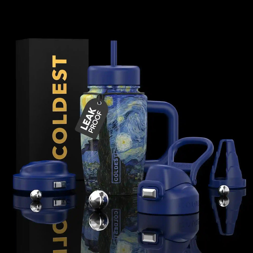 COLDEST 15oz Limitless Ultra insulated bottle with blue galaxy print, matching lid, straw, handle and drink accessories