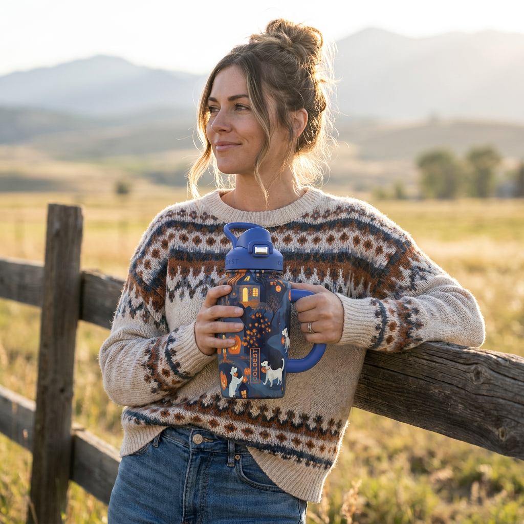 COLDEST 15oz Limitless Ultra blue reusable bottle with a flip-top lid, side handle and colorful graphic pattern