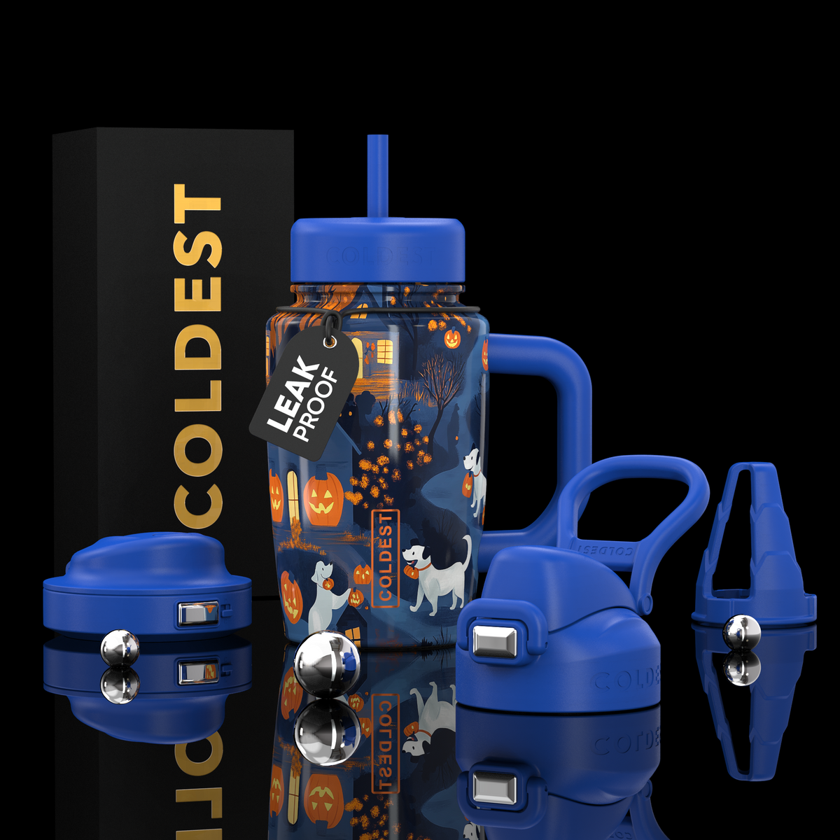 COLDEST 15oz Limitless Ultra blue handled tumbler with Halloween ghosts and pumpkins, straw lid, and matching accessories