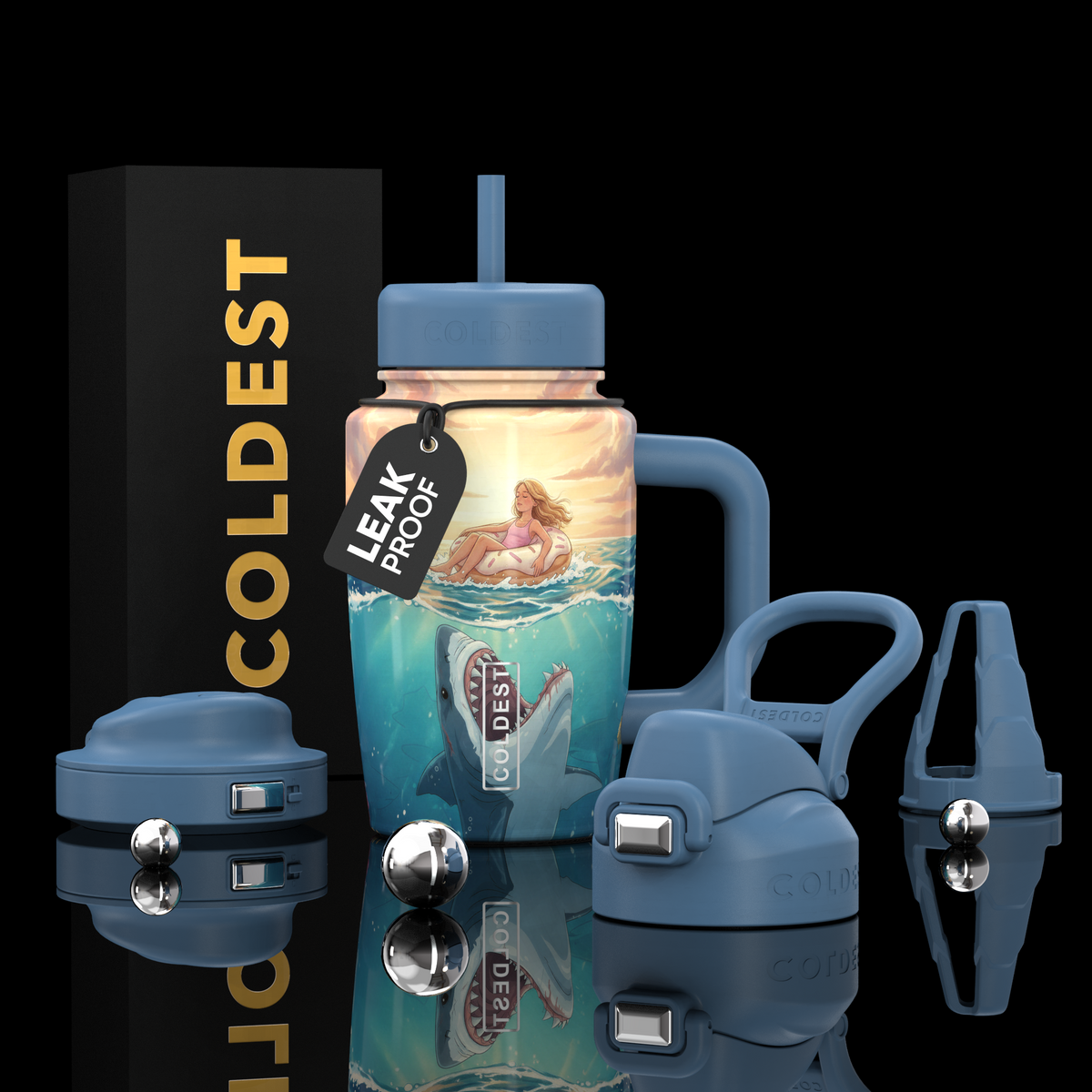 COLDEST 15oz Limitless Ultra insulated tumbler with blue handle and straw, mermaid ocean artwork and leak-proof tag