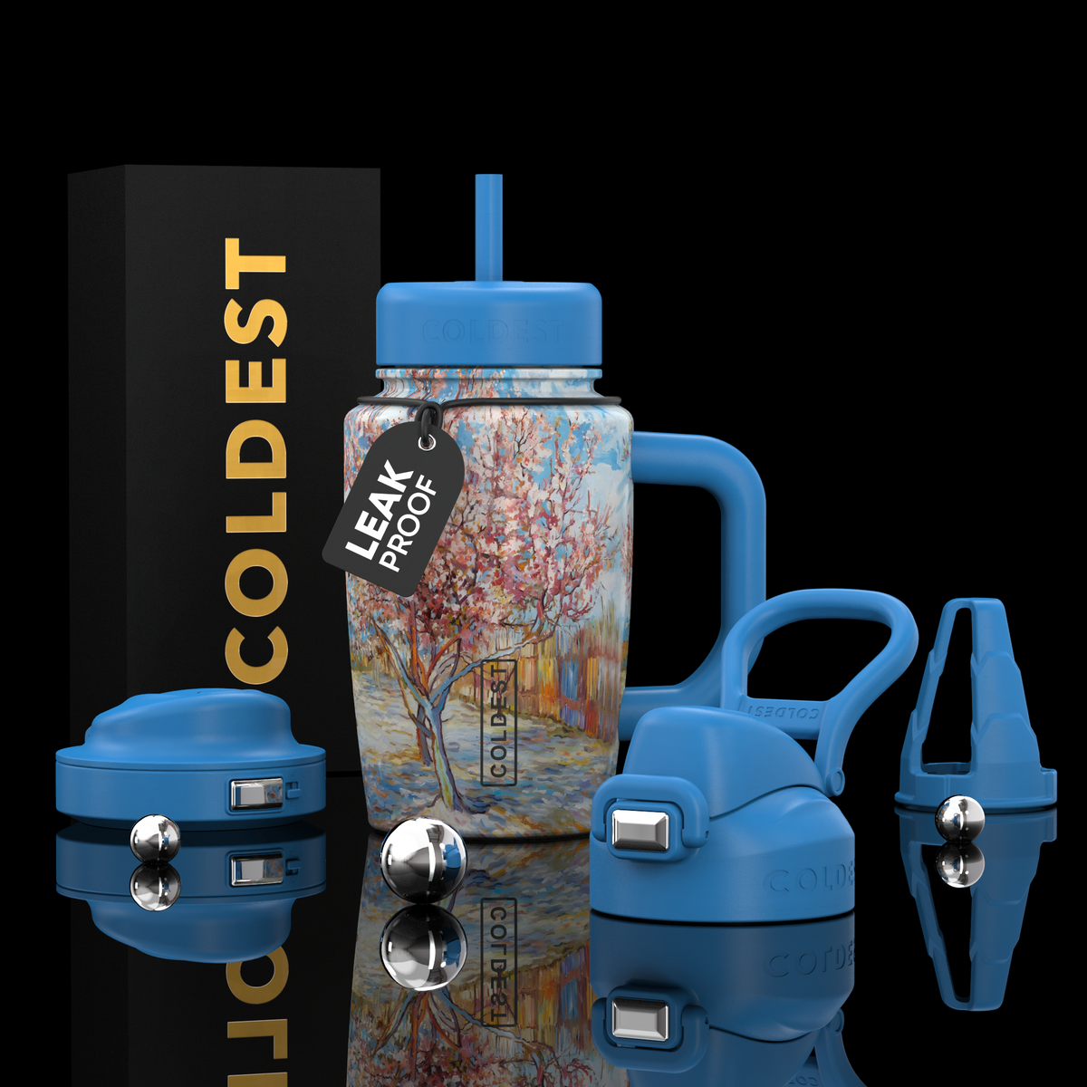 COLDEST 15oz Limitless Ultra insulated water bottle with a blue lid and handle, colorful tree print and leak-proof tag