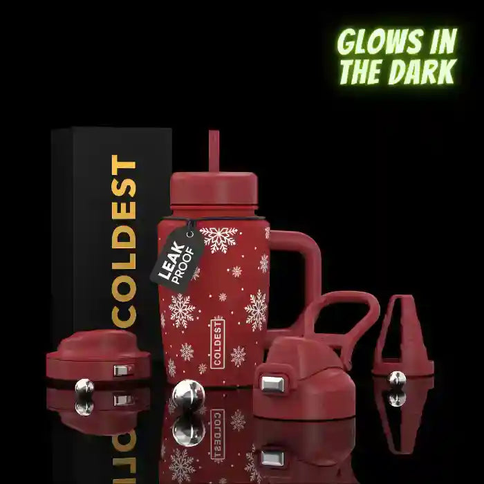 COLDEST 15oz Limitless Ultra burgundy stainless steel mug with snowflake pattern, handle, straw, and glow-in-the-dark parts