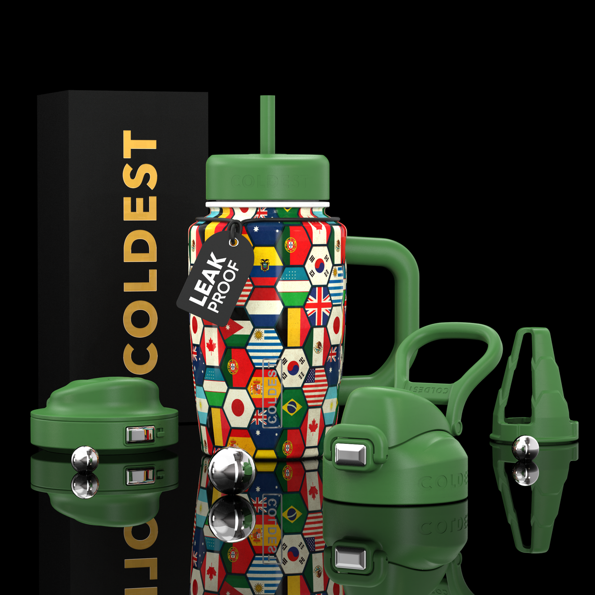COLDEST 15oz Limitless Ultra travel cup with a green handle and lid, colorful flag pattern, and leakproof tag