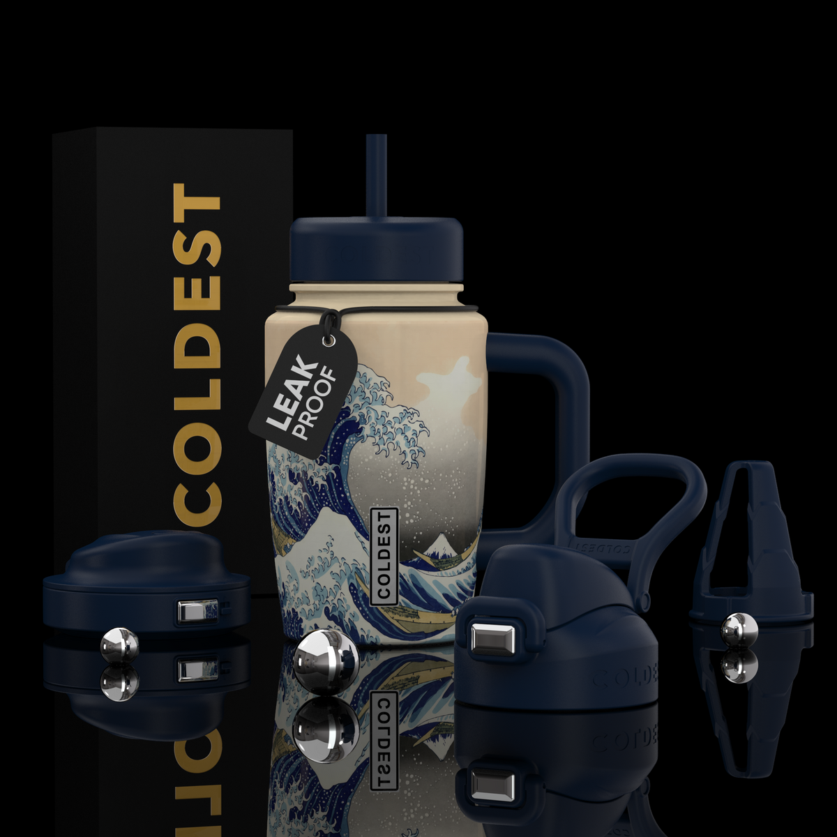 COLDEST 15oz Limitless Ultra tumbler in cream with blue wave graphics, navy handle and straw, plus alternate lids.