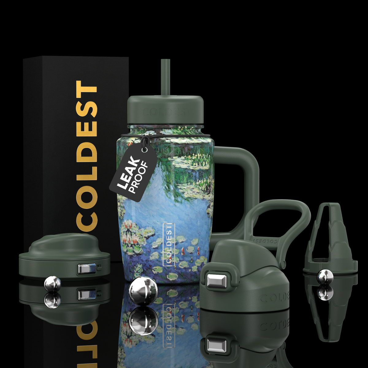 COLDEST 15oz Limitless Ultra insulated tumbler in dark green with a clear ocean-themed body, straw lid and handle