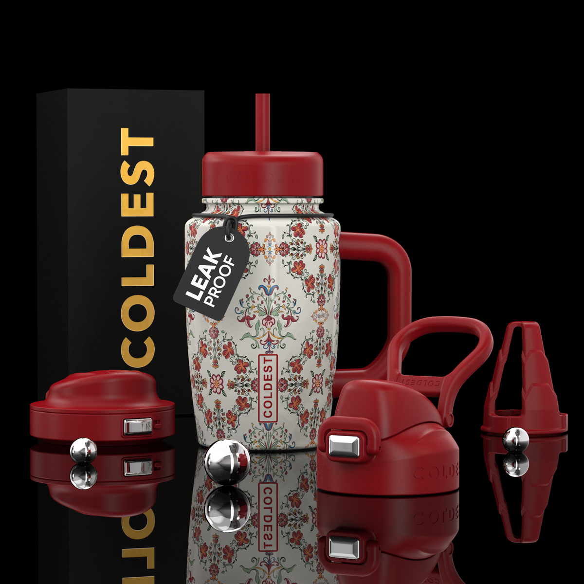 COLDEST 15oz Limitless Ultra insulated bottle with white floral print, red lid, straw, handle and interchangeable accessories
