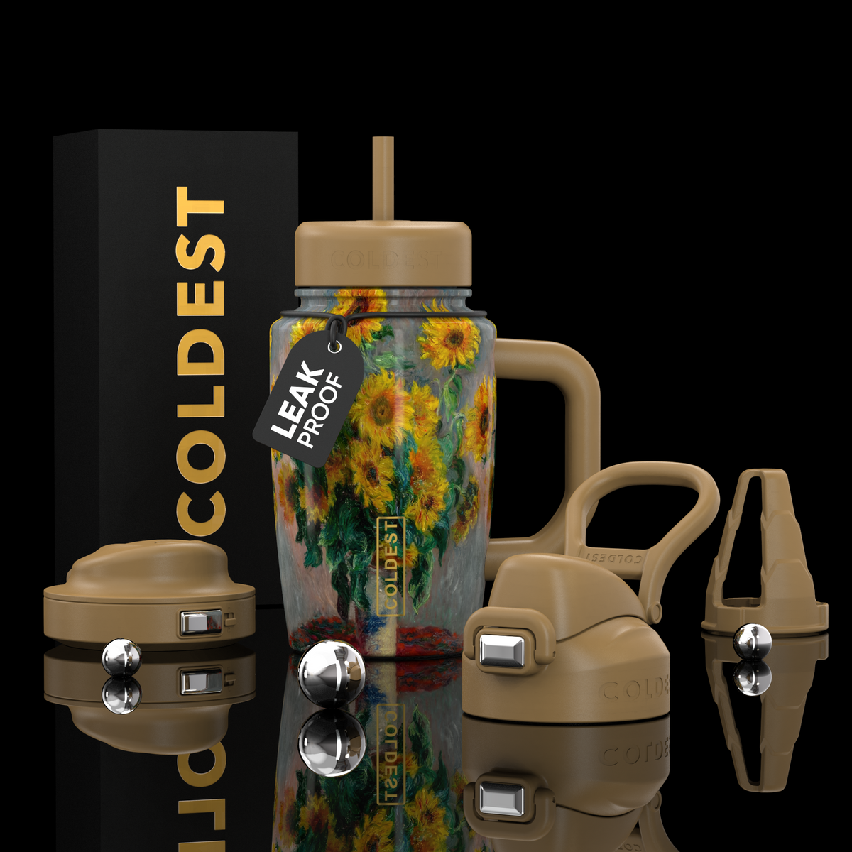 COLDEST 15oz Limitless Ultra floral-patterned clear bottle with tan lid and handle, plus matching accessories