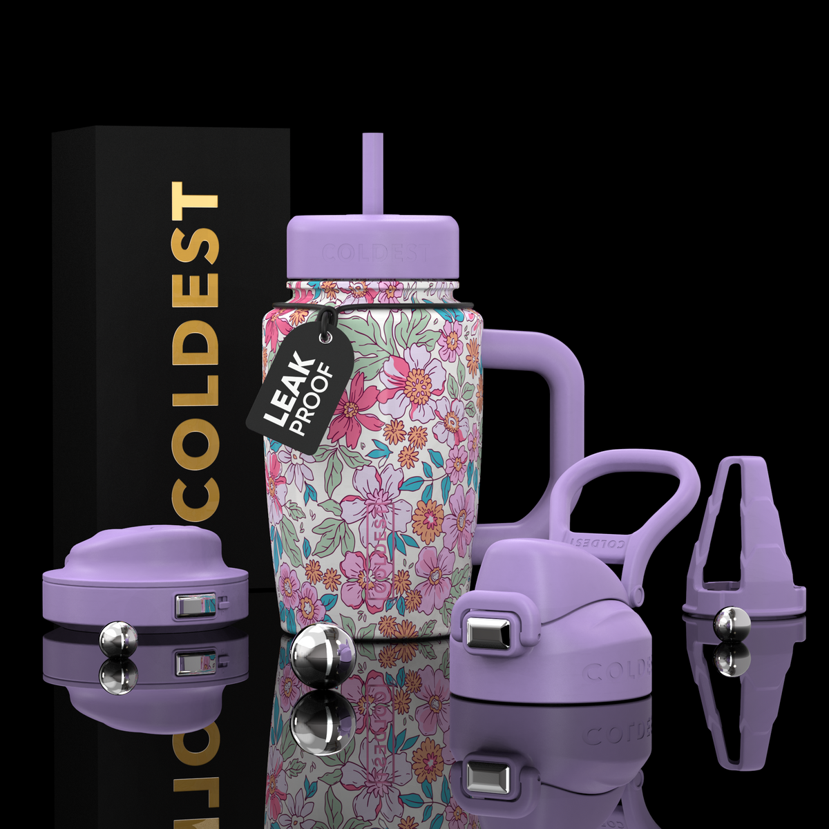 COLDEST 15oz Limitless Ultra insulated floral bottle with lavender lid and handle, plus matching accessories