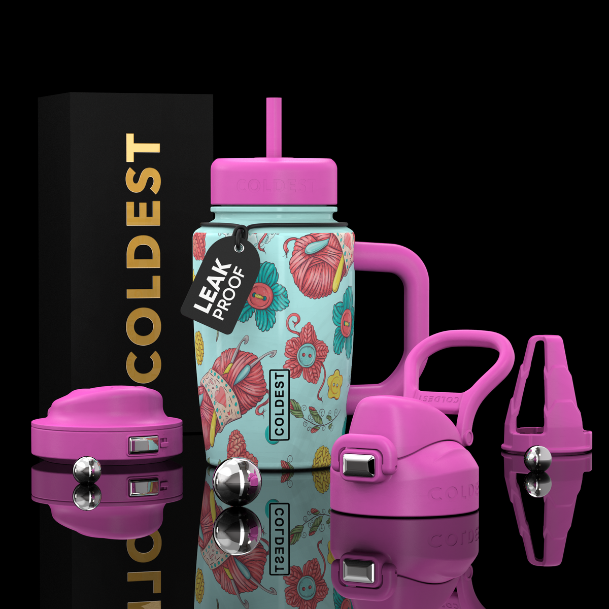 COLDEST 15oz Limitless Ultra bottle set with a floral sea-life print, turquoise body, and bright pink lids, handle and accessories